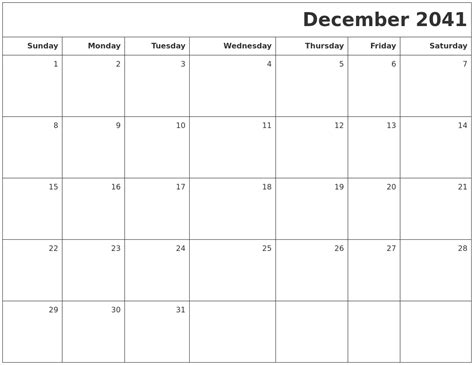 December 2041 Printable Blank Calendar