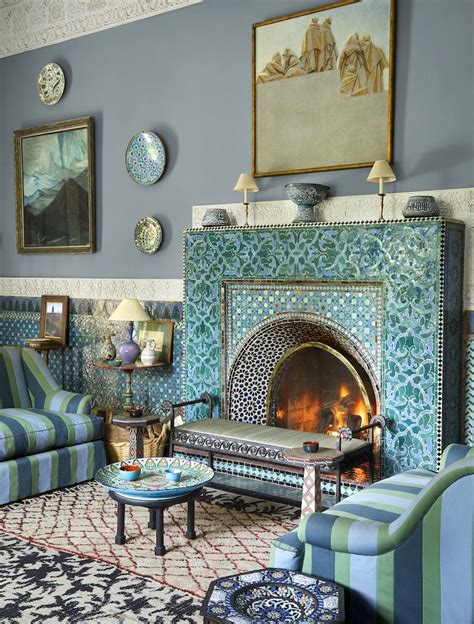 Yves Saint Laurent Morocco Villa Ysl Fireplace Blue Walls Living Room