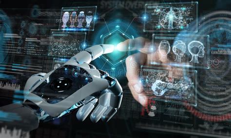 Robot Hand And Human Hand Touching Digital Graph Interface 3d Rendering