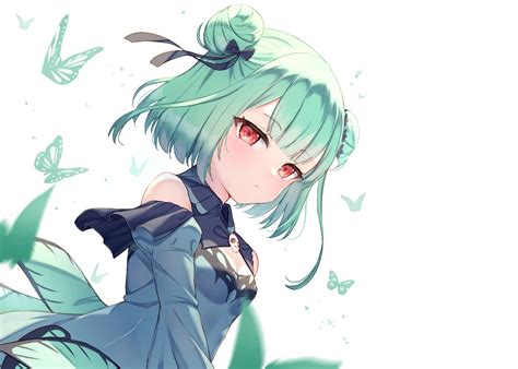 Blush Breasts Butterfly Cleavage Close Dress Green Hair Hololive Red