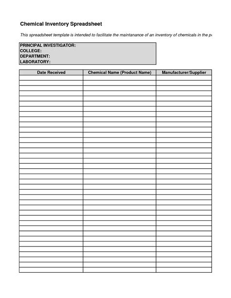 Chemical Inventory Sheet Template