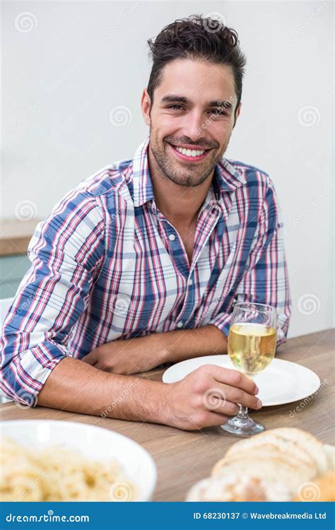 Handsome Young Man Drinking Wine At Table Stock Image Image Of Homey