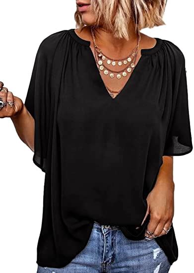 Shewin Womens Casual V Neck Loose Bell Sleeve Chiffon Blouse Shirt Pleated Flowy Tunic Tops