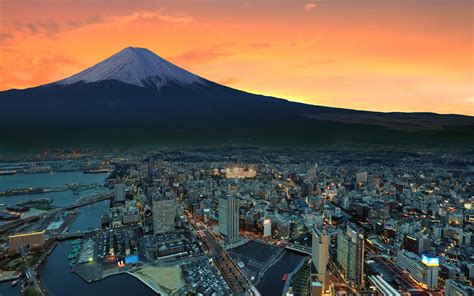 Mount Fuji Snowy Peak Japan Sunset City Hd World 4k Wallpapers Images Backgrounds Photos