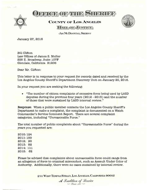 Of course, not all accusations are alike. Letter Response to Citizen Complaints of Excessive Force, LASD Discovery Unit, 2016 | Prison ...