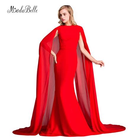 Red Dubai Evening Dress With Floor Length Shawl Mermaid Arabic Evening
