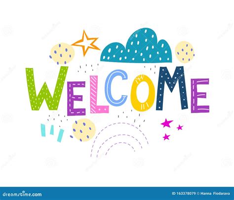 Welcome Colorful Caricature Hand Drawing Lettering With Cloud Stars