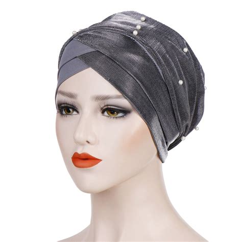 Helisopus Muslim Headdress Turban Cap For Women Solid Beads Hijabs