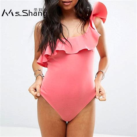 Ms Shang Pink Solid One Piece Swimsuit Women 2018 Ruffle Swimwear One Shoulder Swimming Suit