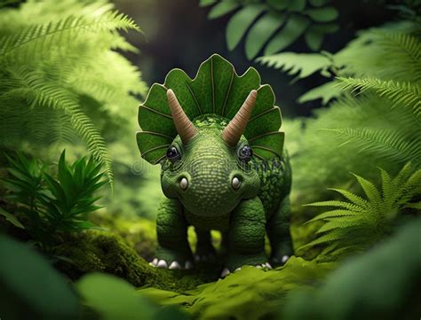 A Green Dinosaur In A Lush Green Forest With Ferns And Ferns