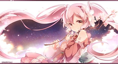 Cherry Blossoms Flowers Hatsune Miku Long Hair Pink Eyes Pink Hair