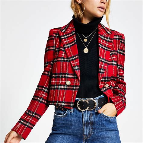 Red Tartan Cropped Jacket Jackets Coats And Jackets Women Red