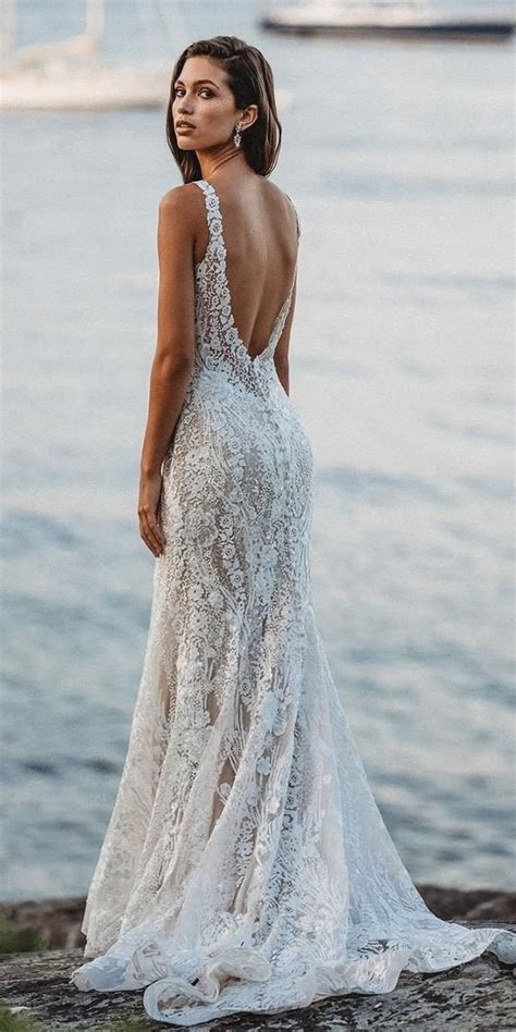 Low Back Wedding Dresses Sheath Beach Floral Lace Allure Bridals