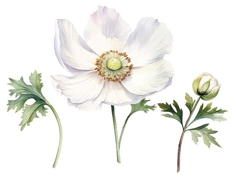 Premium Vector Watercolor Drawing White Poppy Anemone Spring Flower