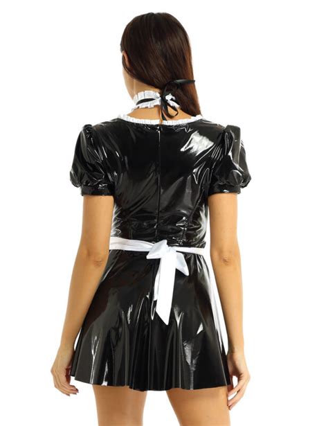 Womens Shiny Wetlook Pvc Leather French Apron Maid Costume Outfits Fancy Dress Ebay