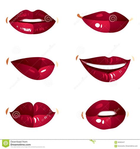 collection of vector red female lips with makeup different emotions of ladies simple beautiful