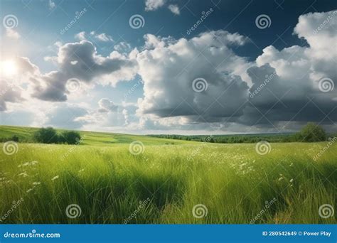 Beautiful Green Meadow Under Blue Sky With Clouds Nature Composition