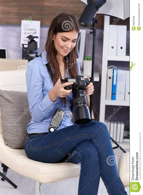 Happy Photographer Girl With Camera Stock Image Image Of Down Female