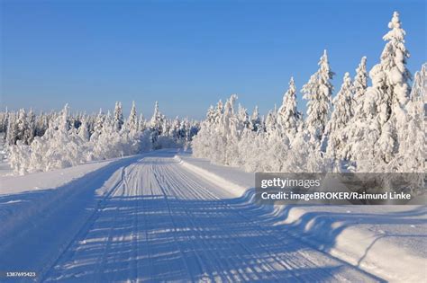 snow covered road in winter roenni kuusamo nordoesterbotten pohjois pohjanmaa suomi finland high