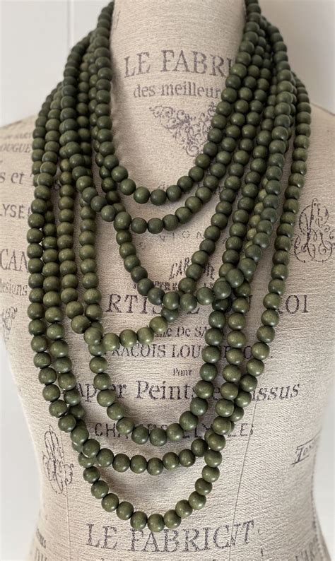 Olive Green Wooden Bead Necklace Multi Strand Layers Statement