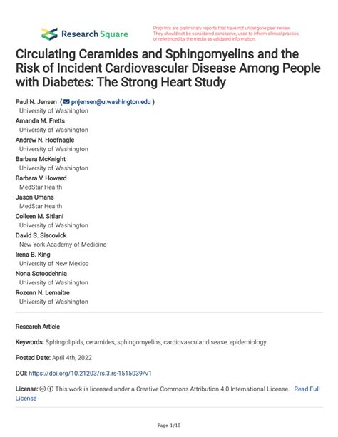 Pdf Circulating Ceramides And Sphingomyelins And The Risk Of Incident