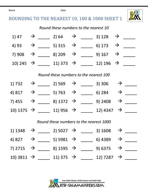 Free Printable Math Worksheets Rounding Numbers