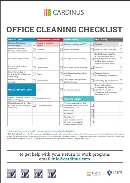 Covid 19 Office Cleaning Checklist Cardinus