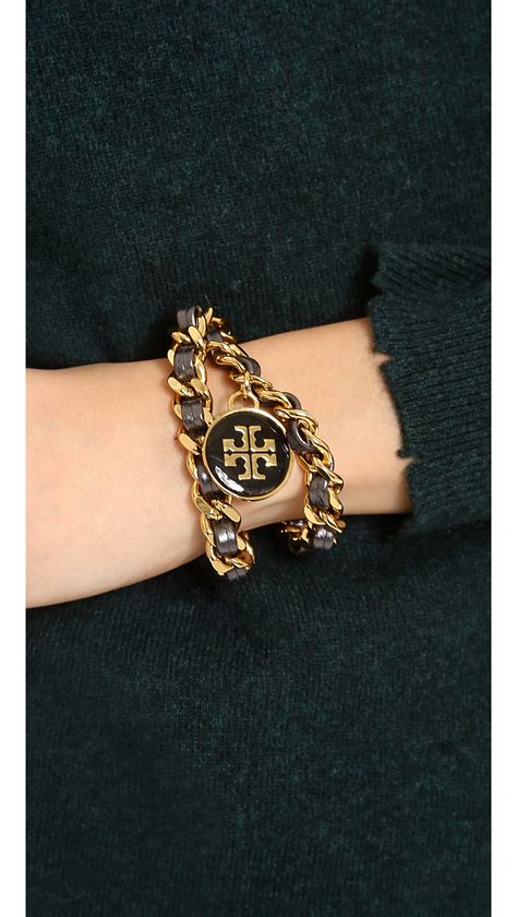 tory-burch-metallic-leather-chain-double-wrap-bracelet-in-black-lyst