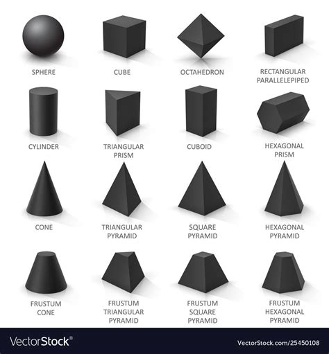 Set Of Basic 3d Shapes Black Geometric Solids On A White Background