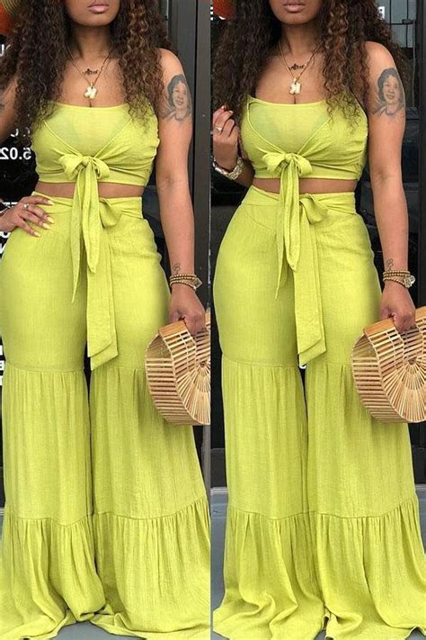 Casual Knot Design Two-piece Pants Set - L / Green in 2021 | Fall