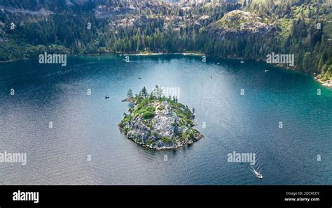 Drone View Of The Fannette Island In Emerald Bay South Lake Tahoe