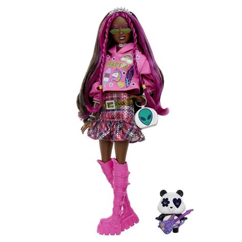 Barbie Extra Doll And Accessories With Pink Streaked Brunette Hair In Graphic Hoodie And Plaid Skirt