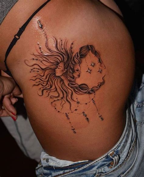 People love moon tattoos because they can be tried with so many different combinations ranging from sun and moon to wolf and moon and flower and moon. Gorgeous tattoo representation of the sun & moon using women . Celestial tattoo . Flowing hair ...