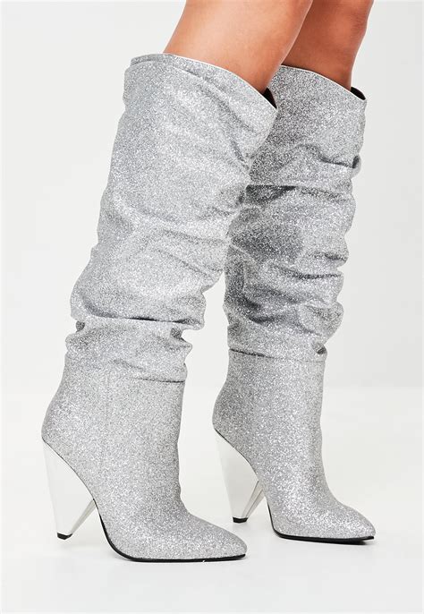 Missguided Silver Ruched Calf Boots In Metallic Lyst