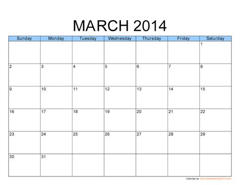 March 2014 Calendar Printable Images
