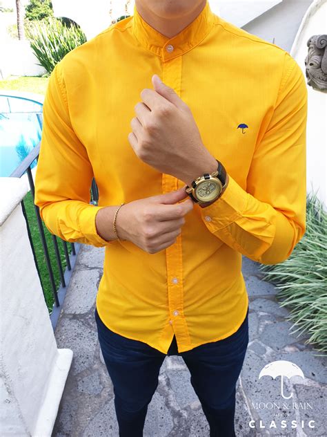 Camisa Amarilla Lisa Vestimenta Casual Hombres Ropa De Hombre