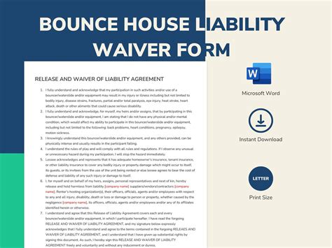 Bounce House Waiver Of Liability Form Letter Size Word Etsy Norway
