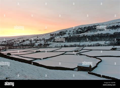 Gunnerside Barns In Winter Yorkshire Dales Sunrise Snow Fields