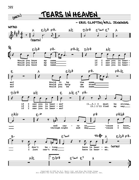 tears in heaven sheet music eric clapton real book melody lyrics and chords