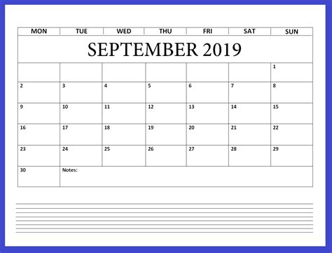 September Calendar 2019 Printable Template Pdf Word Excel With