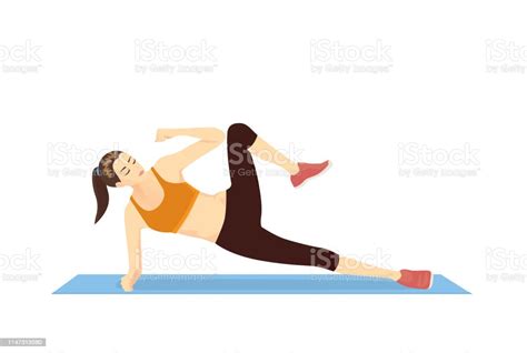 Woman Doing Exercise With Side Plank Crunch On Mat Illustration About