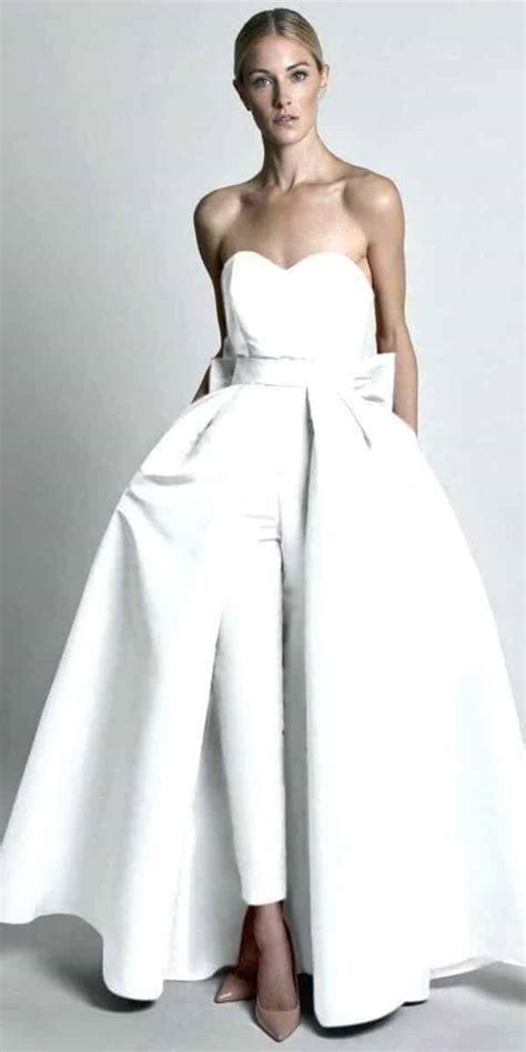 Satin Jumpsuit Wedding Dress With Detachable Skirt Cheap Bridal Gown