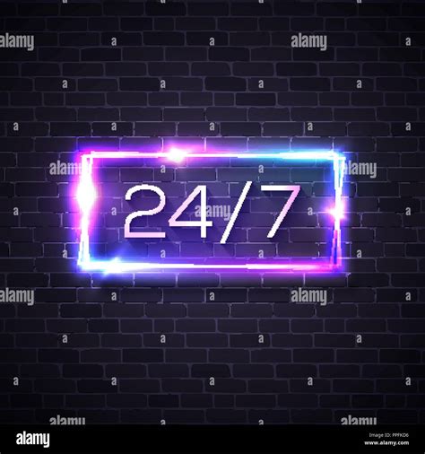 Neon Sign 24 7 On Brick Wall Background Colorful Vector Illustration