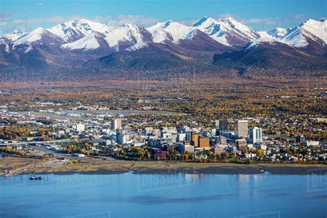 Aerial View Of Downtown Anchorage Cook Inlet And The Chugach