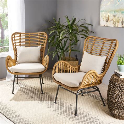 Gloria Indoor Wicker Accent Chairs With Cushions Set Of 2 Rattan