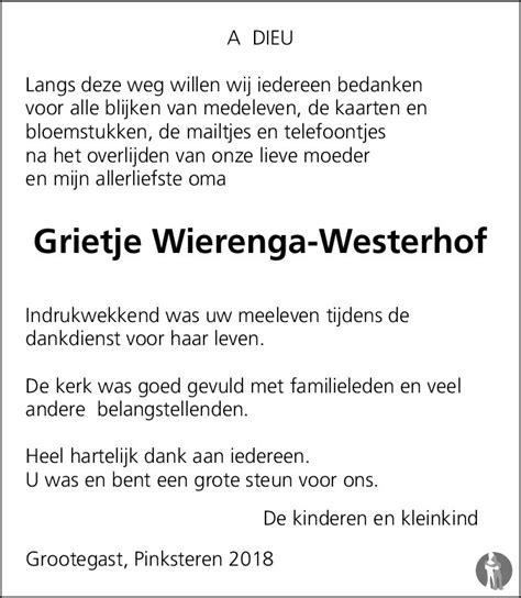 Grietje Wierenga Westerhof 01 04 2018 Overlijdensbericht En