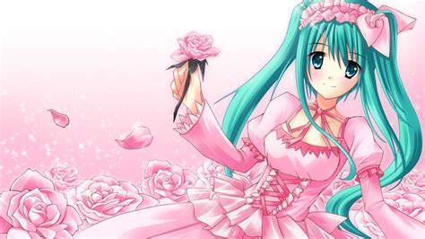 Download Kawaii Anime Hatsune Miku With Pink Dress And Roses Wallpaper