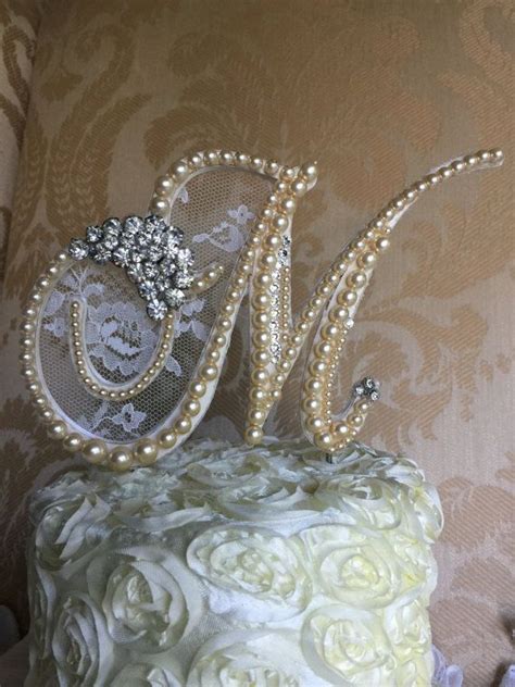 Custom Monogram Pearl Wedding Cake Toppers Lace Pearls And Brooch