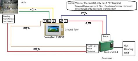 Details about thermostat wiring and low voltage control wiring for tranformers used. System has 2 transformers, New Venstar Thermostat has only ...