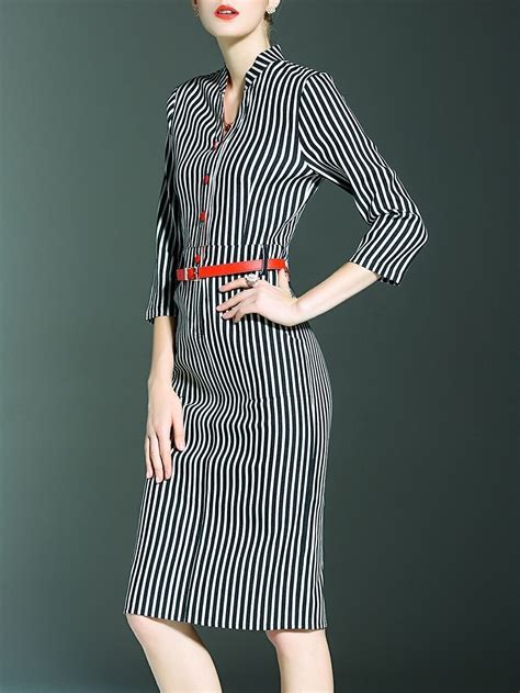 Black White Striped V Neck Belted Dress Sheinsheinside